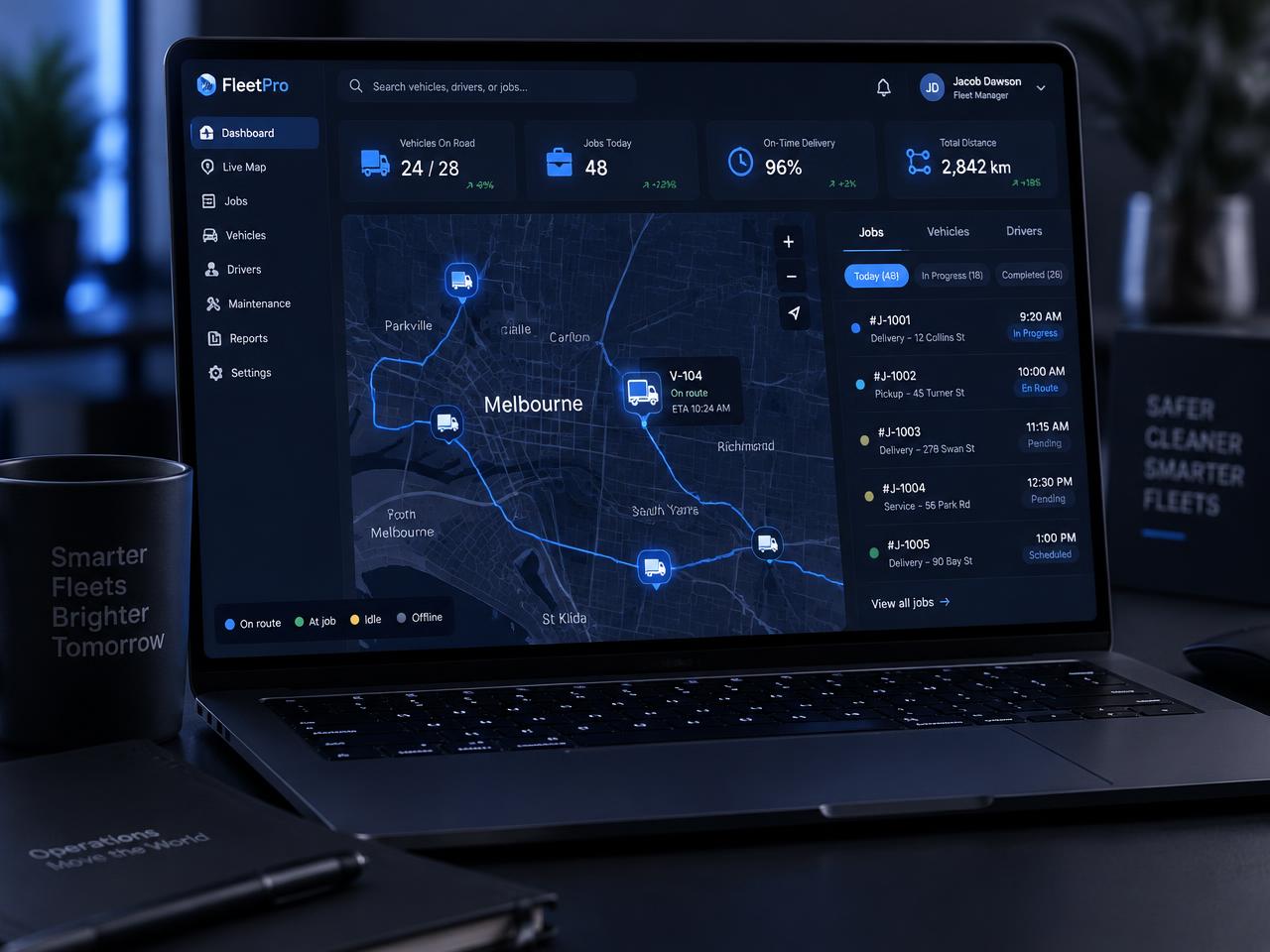 AlphaLan Fleet dispatch dashboard with live fleet map