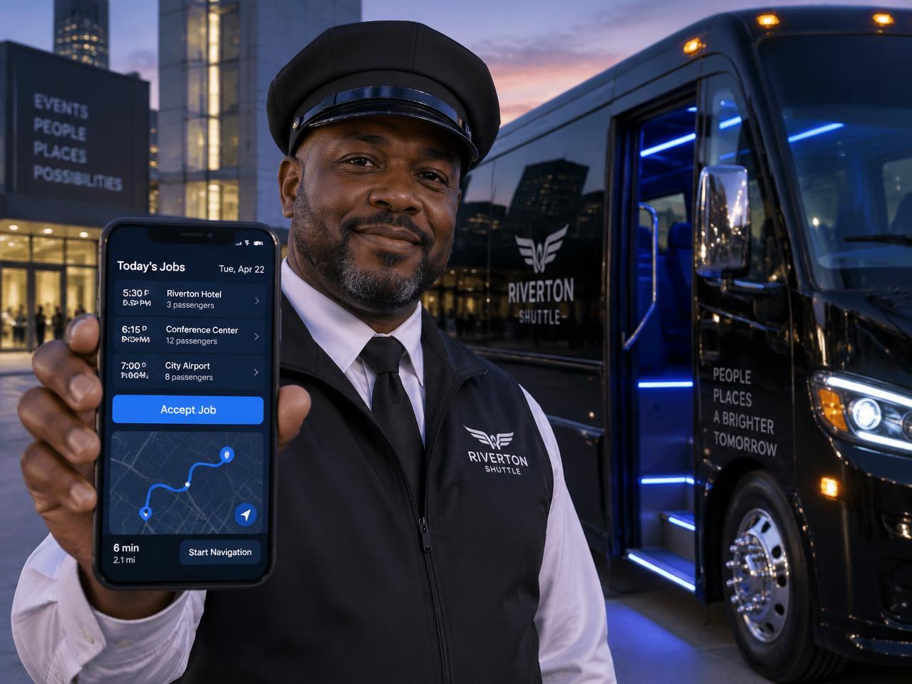 Driver using the AlphaLan Fleet mobile app next to a shuttle bus