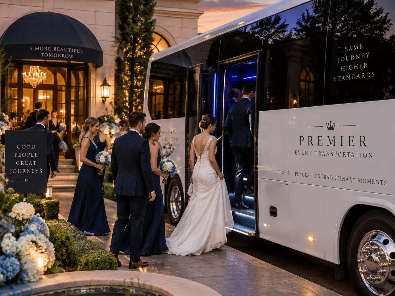 Wedding guests boarding a luxury event shuttle